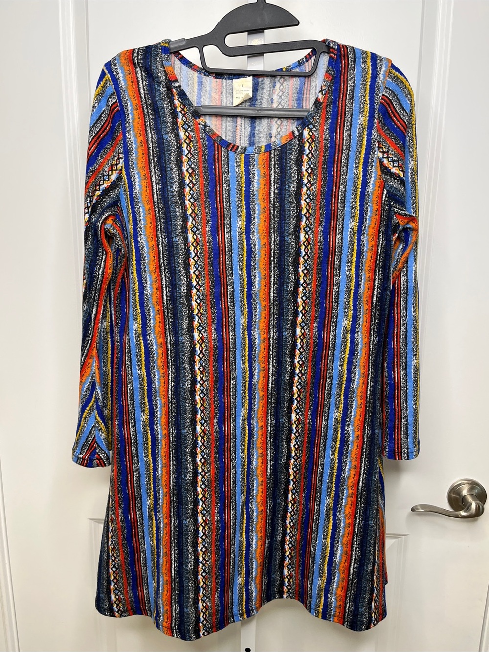 Multicolor Striped Bohemian Midi Dress with Bell Sleeves Large